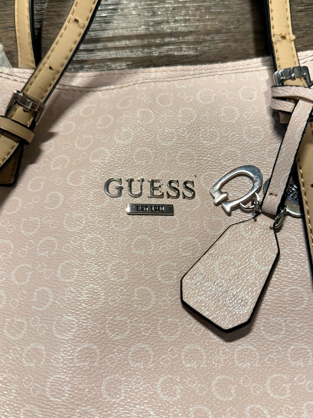 GUESS Pink Tote Bag with Tan Handles - Picture 6 of 9